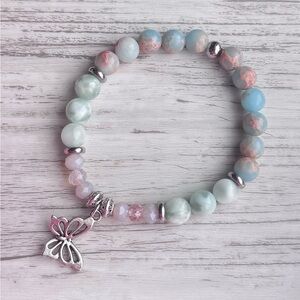 Elegant pink and blue Beaded Bracelet with butterfly charm